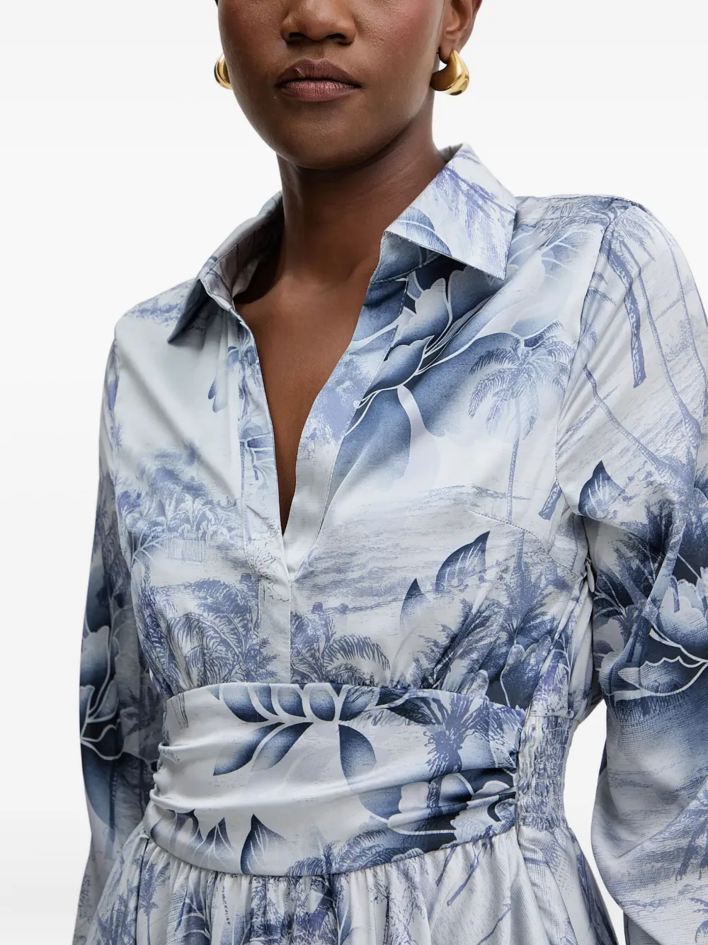 Guess Usa Shirred Floral-print Mini Dress In Blue