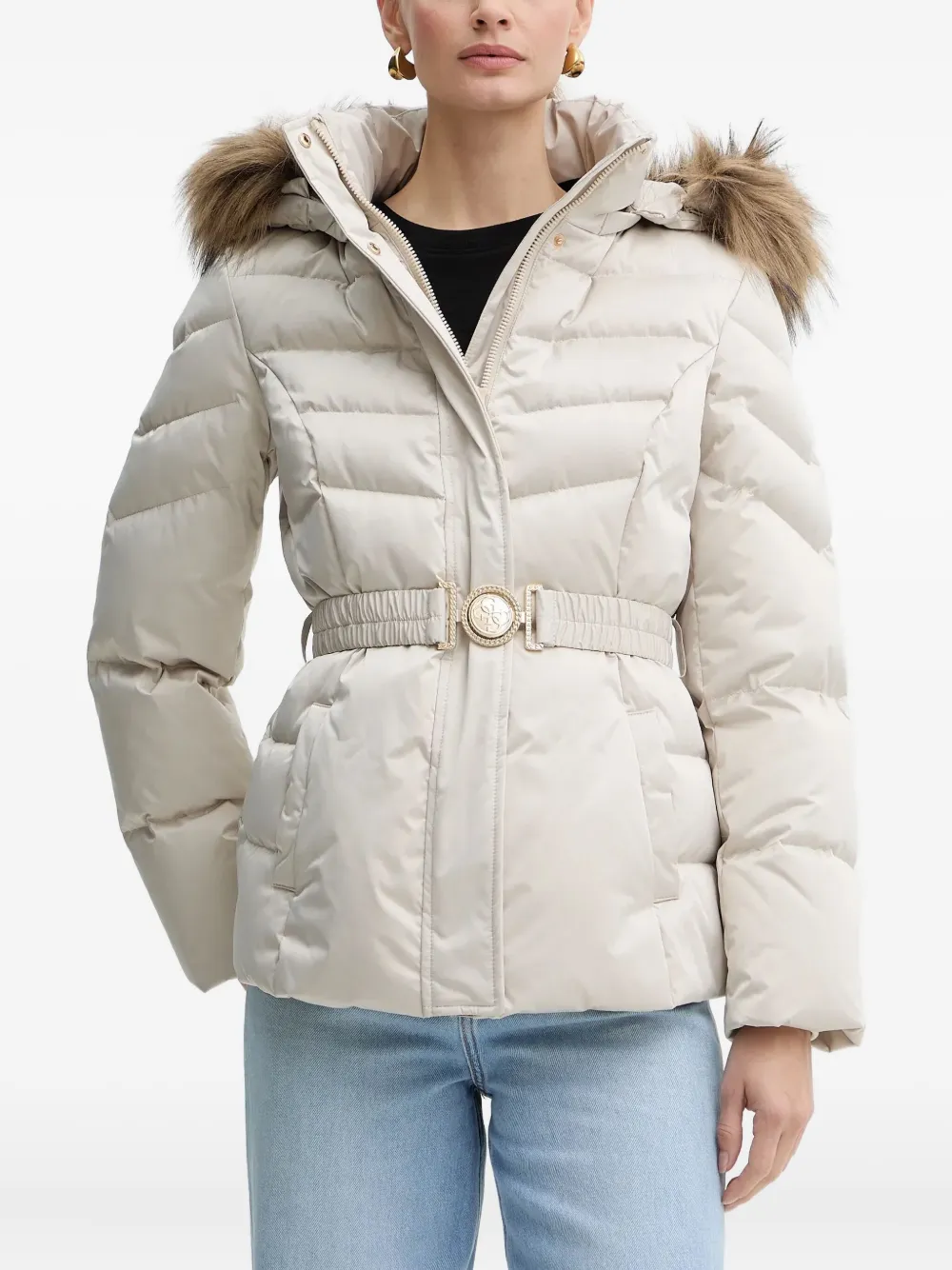 GUESS USA fur-trim belted jacket | Neutrals | Image 1