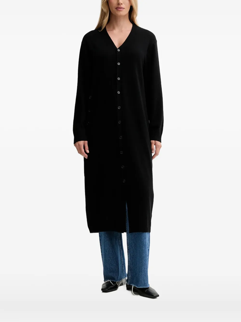 Isabelle Blanche button-up V-neck cardi-coat | Black | Image 1
