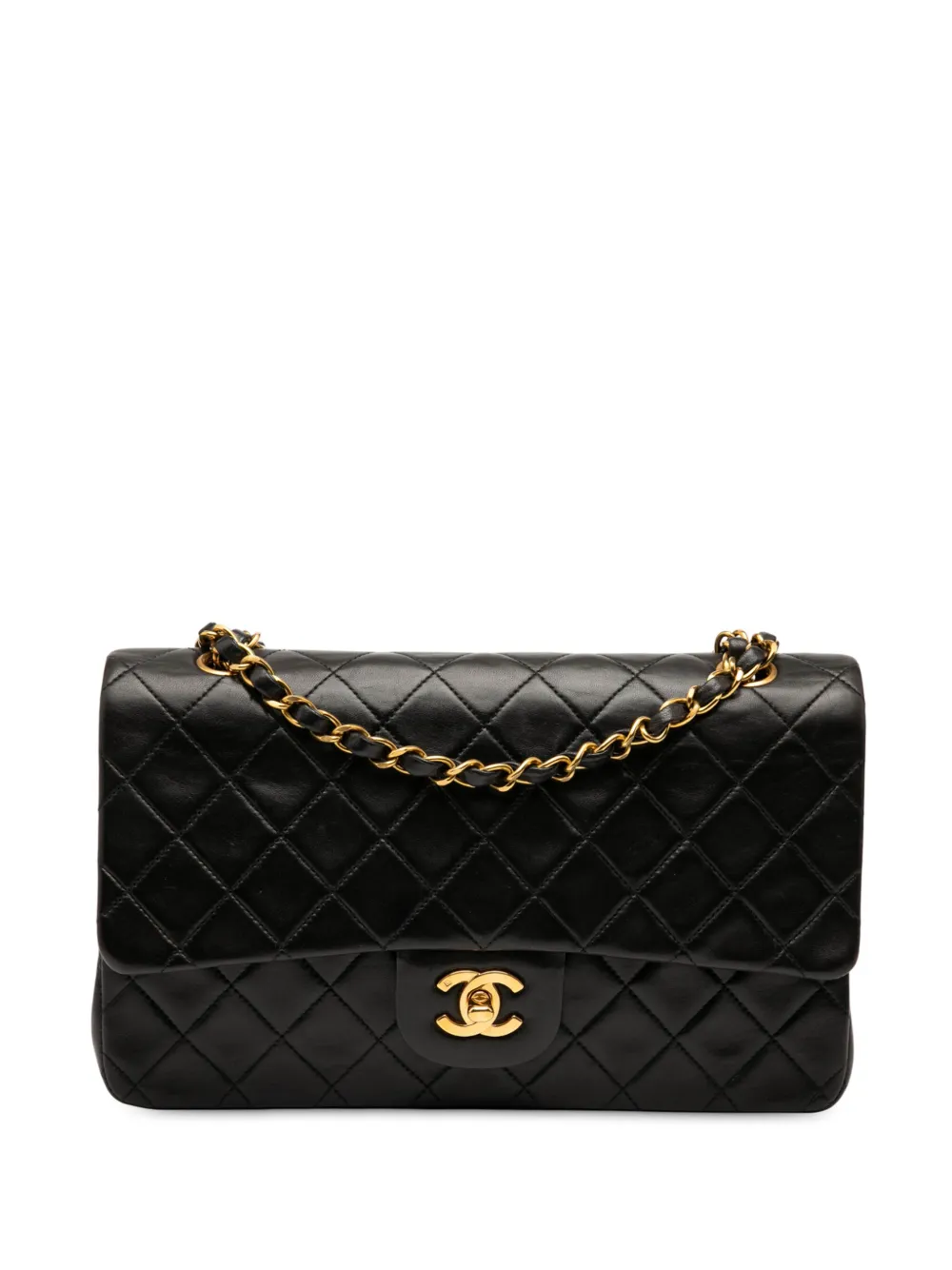 Pre-owned Chanel 1994-1996 Medium Classic Lambskin Double Flap Shoulder Bag In Black