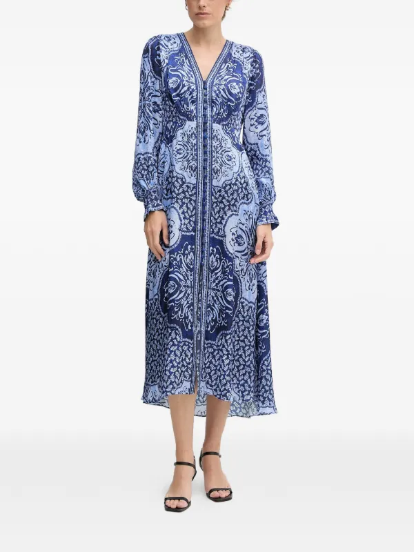 Hale Bob Noor V-neck Printed Midi Dress - Blue Hale Bob Noor V-neck Printed Midi Dress - Blue