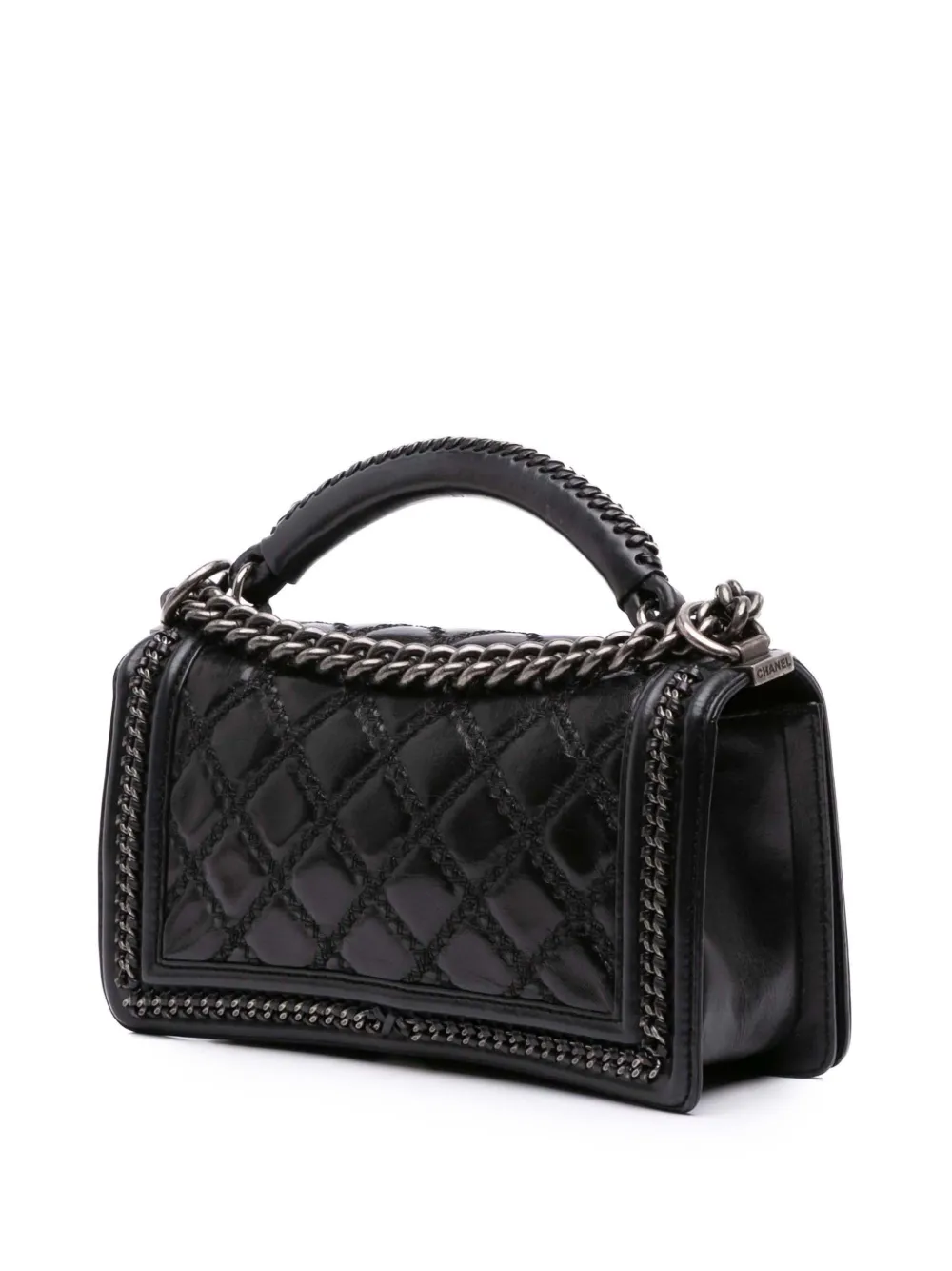 Pre-owned Chanel 2015-2016 Medium Quilted Calfskin Whipstitch Chain Around Boy Top Handle Flap Satchel In Black