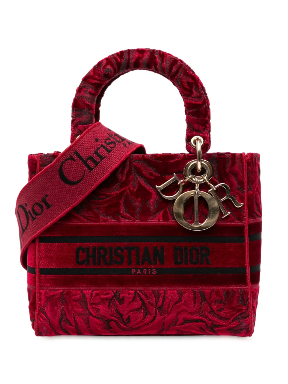 Pre-owned Dior 2021 Medium Embroidered Velvet Roses Lady D Lite Satchel In Red