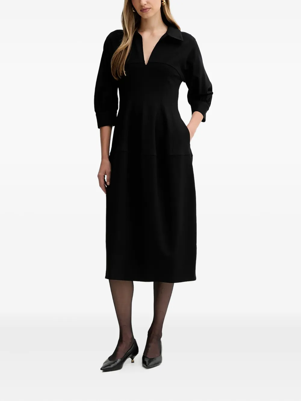 Liviana Conti Fleur midi-jurk met shirtkraag en zijzak Zwart
