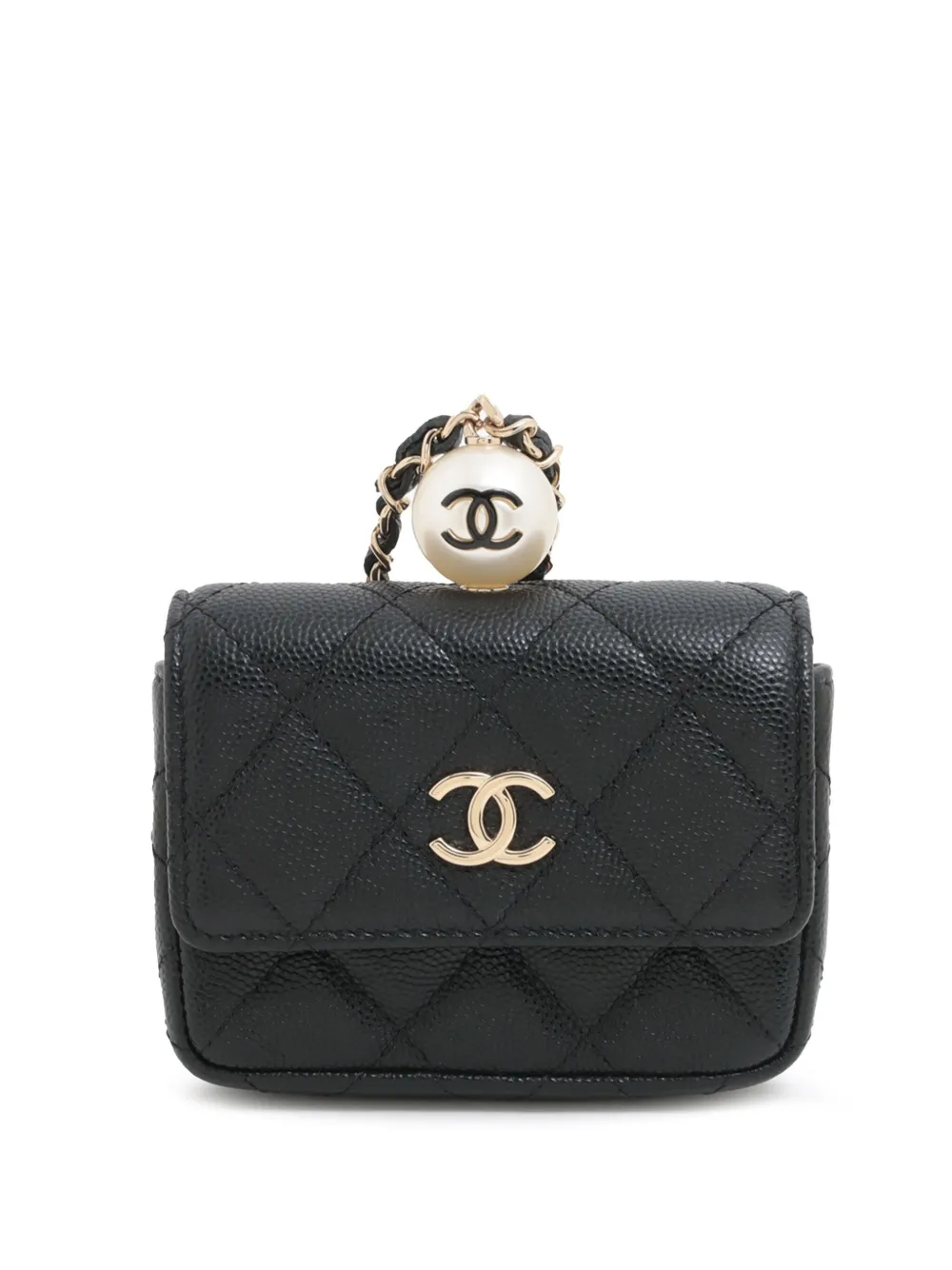 CHANEL Pre-Owned 2021 Quilted Caviar CC Pearl on Top Coin Pouch with Chain crossbody bag | Black | Image 1