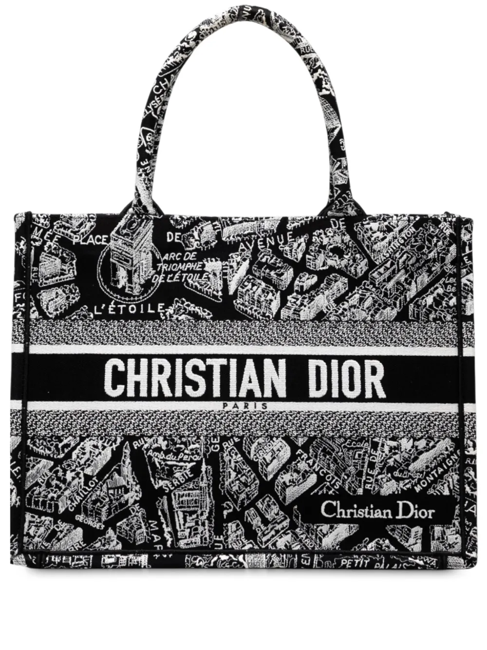 Pre-owned Dior 2023 Medium Canvas Embroidered Plan De Paris Book Tote Bag In Black