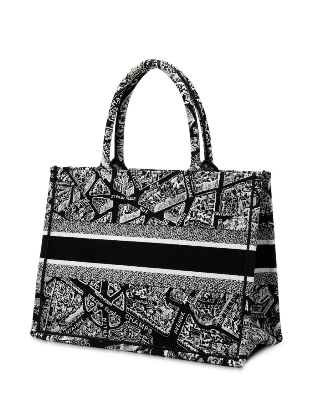 Pre-owned Dior 2023 Medium Canvas Embroidered Plan De Paris Book Tote Bag In Black