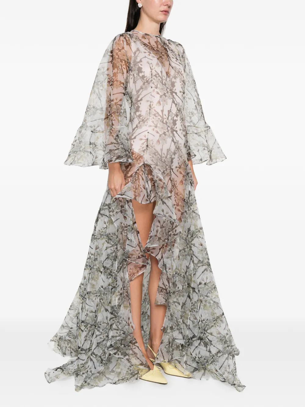 Miau By Clara Rotescu Ruffled-effect Floral-print Maxi Dress In Gray