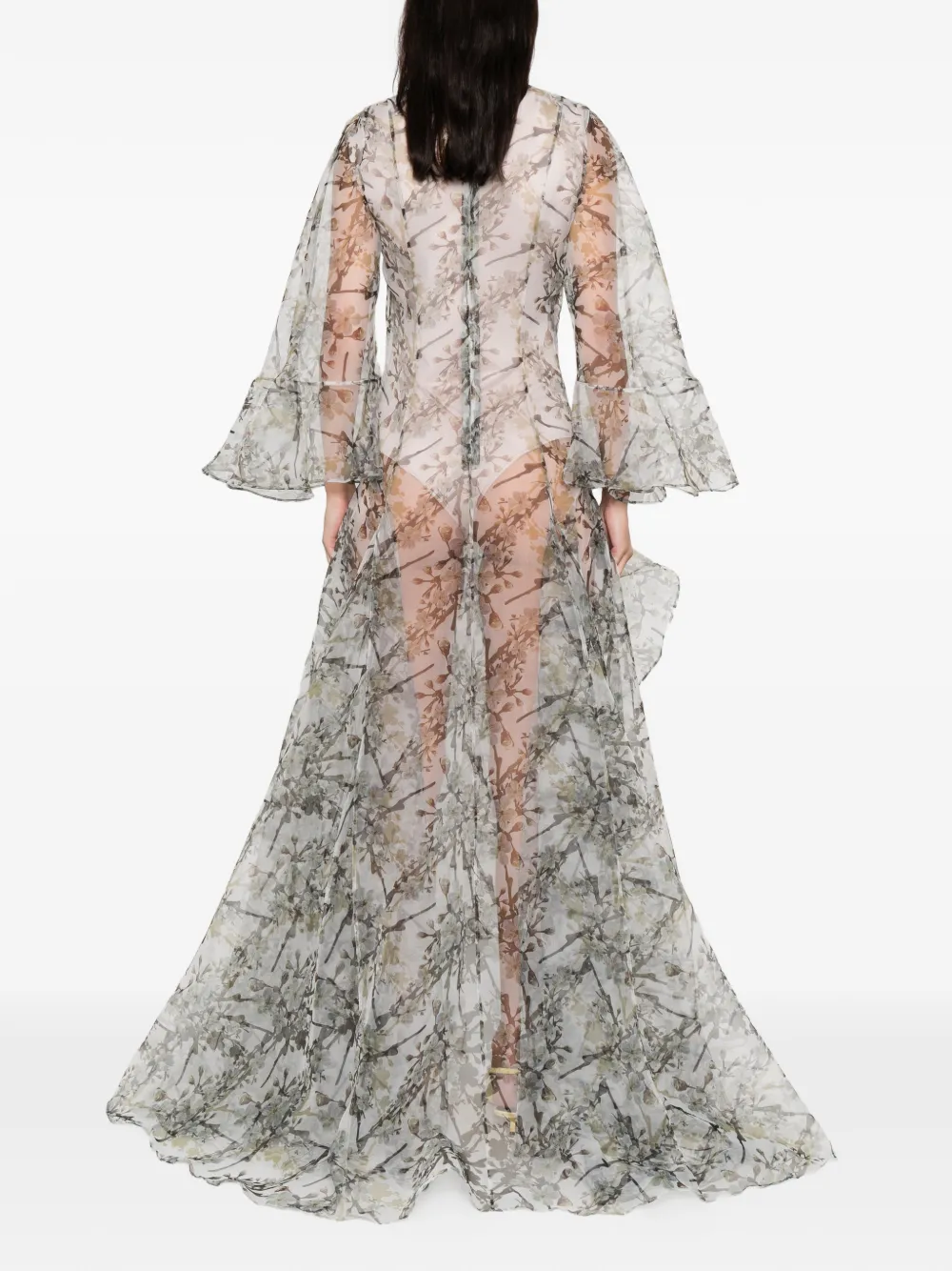 Miau By Clara Rotescu Ruffled-effect Floral-print Maxi Dress In Gray