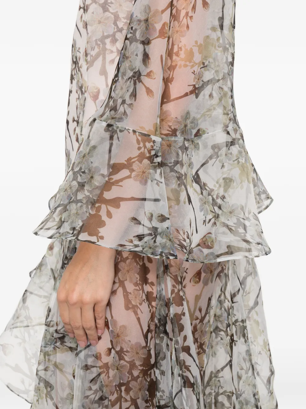 Miau By Clara Rotescu Ruffled-effect Floral-print Maxi Dress In Gray