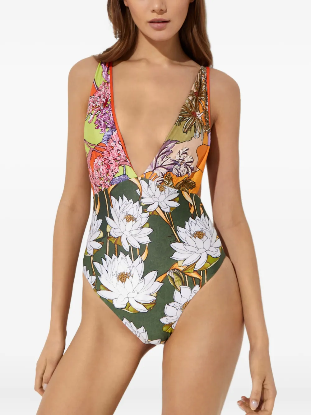 Agua Bendita Floral-print Wide-strap Tulipa Swimsuit In White