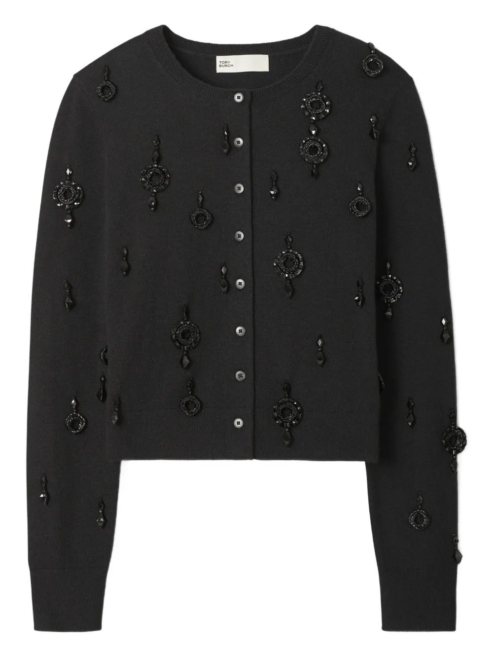 Tory Burch Embellished Wool Cardigan In Black
