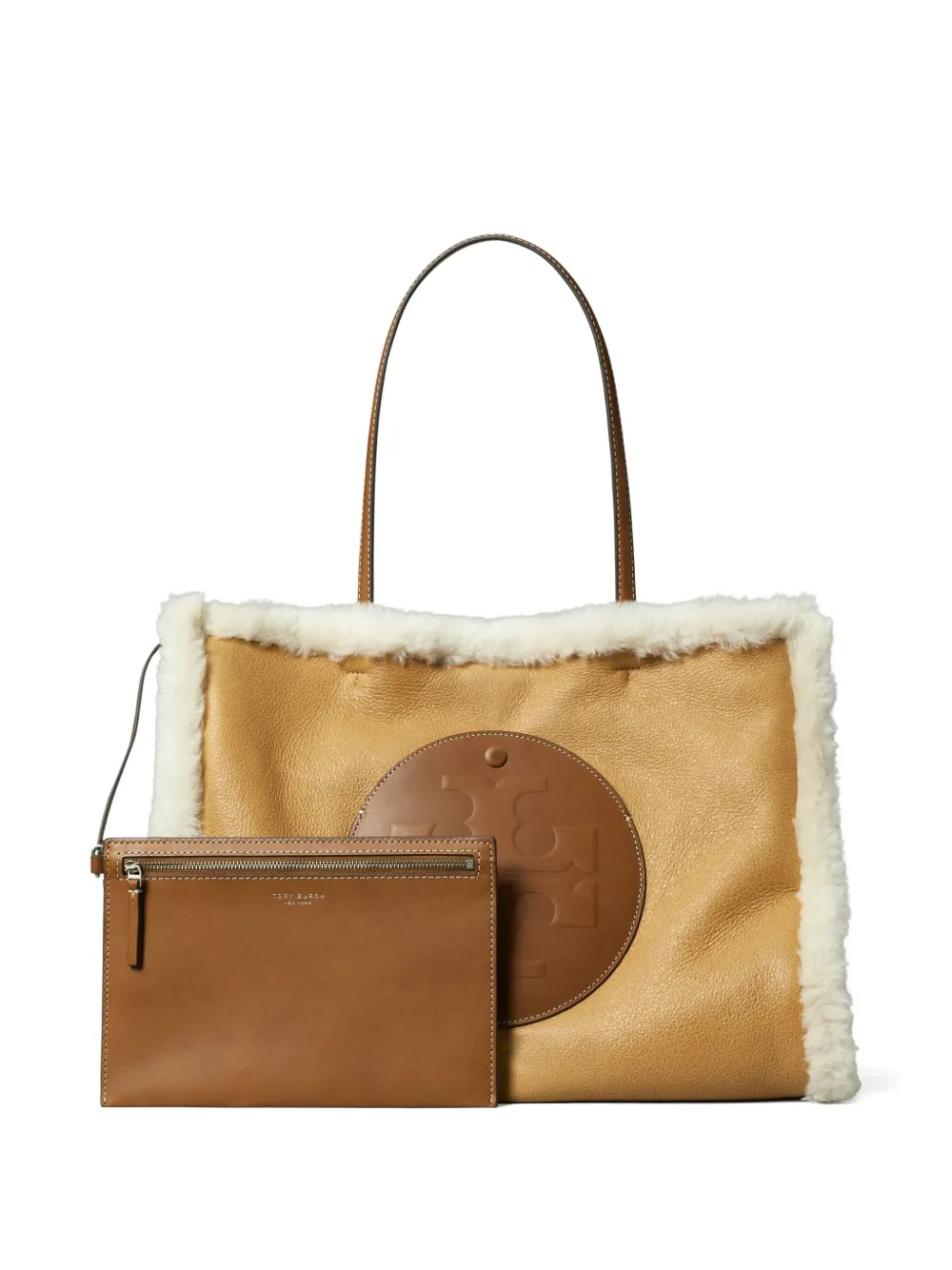 Tory Burch Ella Shearling Logo Tote Bag In Neutral