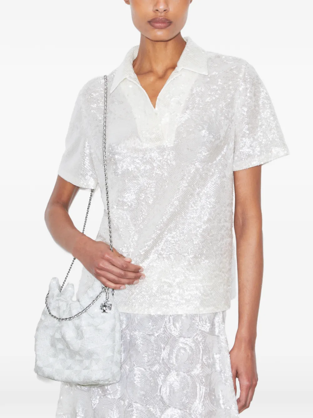 Tory Burch Mini Fleming Sequin Shoulder Bag In White