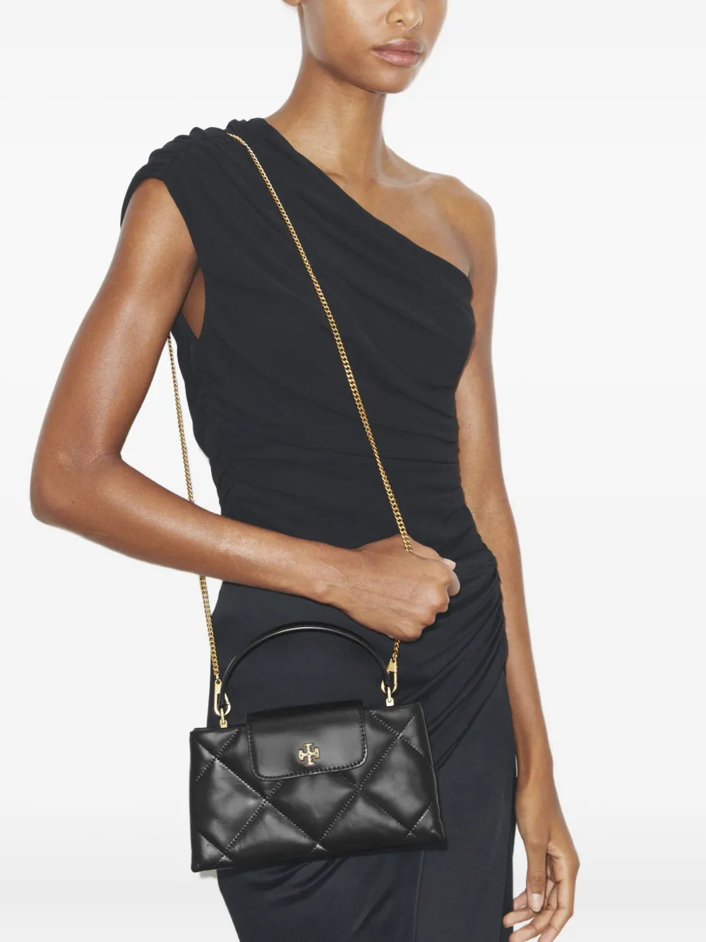 Tory Burch Kira Diamond Quilted East-west Top Handle Bag In Black