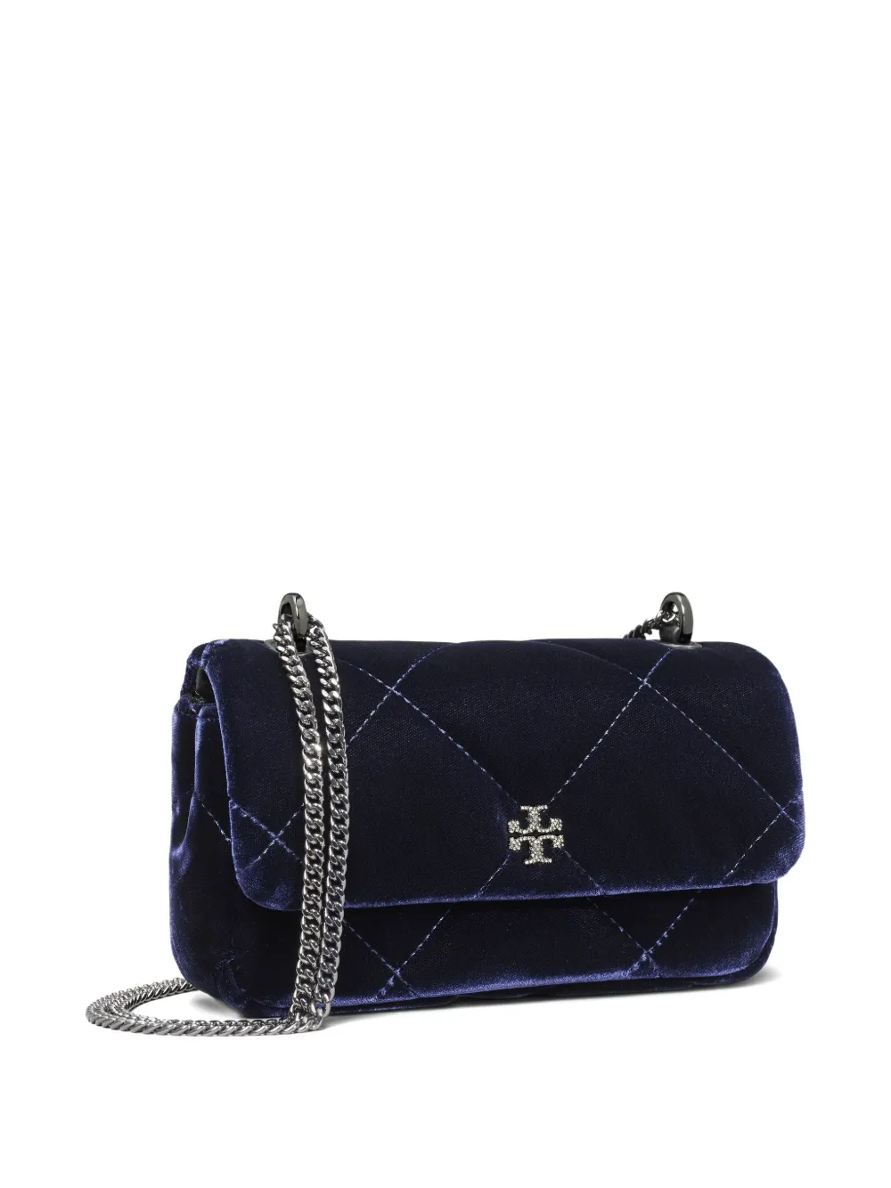 Tory Burch Kira fluwelen gewatteerde mini-crossbodytas met diamant-patroon Blauw