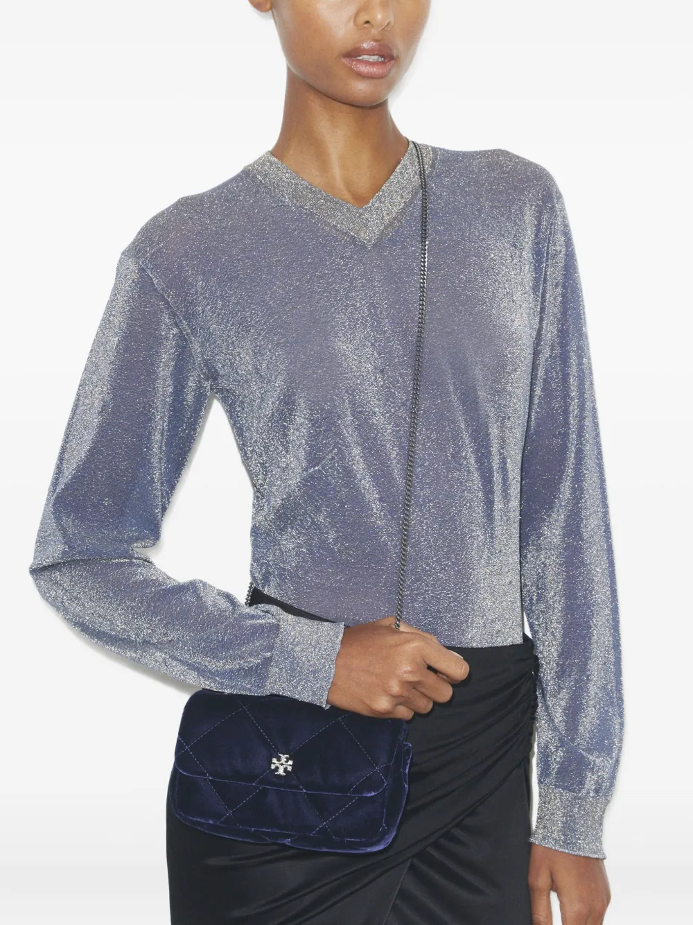 Tory Burch Kira fluwelen gewatteerde mini-crossbodytas met diamant-patroon Blauw