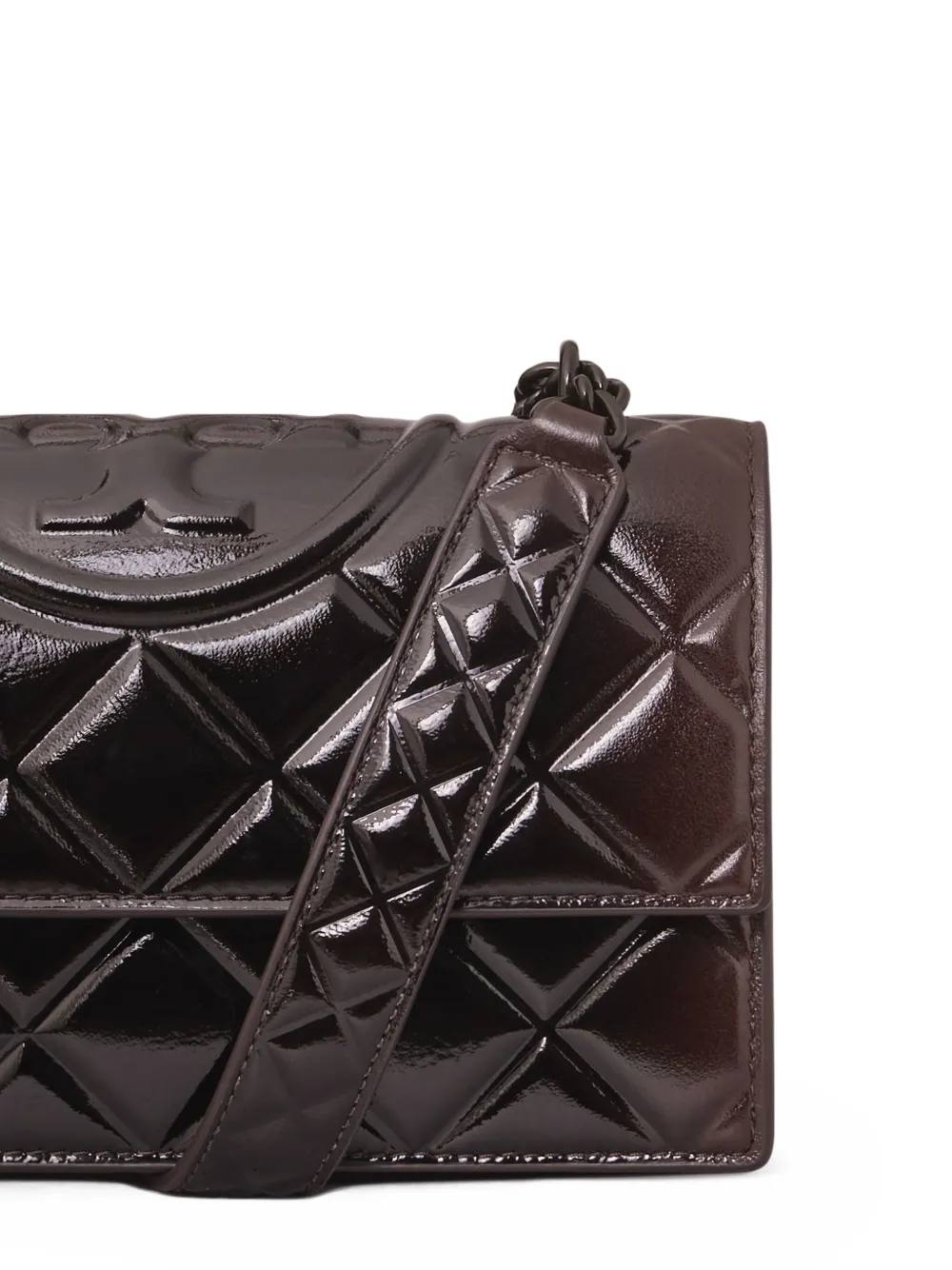 Tory Burch Fleming kleine gewatteerde gelakte schoudertas Bruin