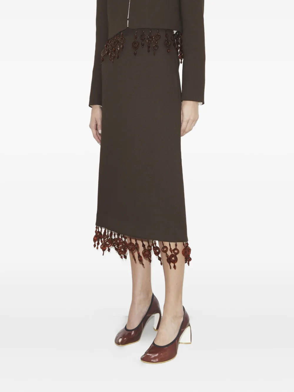 Tory Burch Embellished Crepe Midi Skirt In Brown