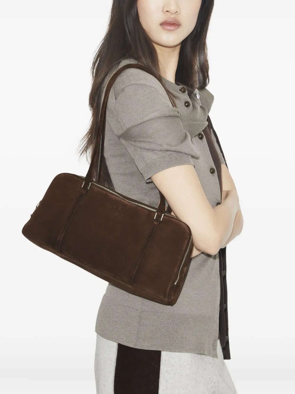 Tory Burch Small Marshmallow Suede Shoulder Bag In Brown