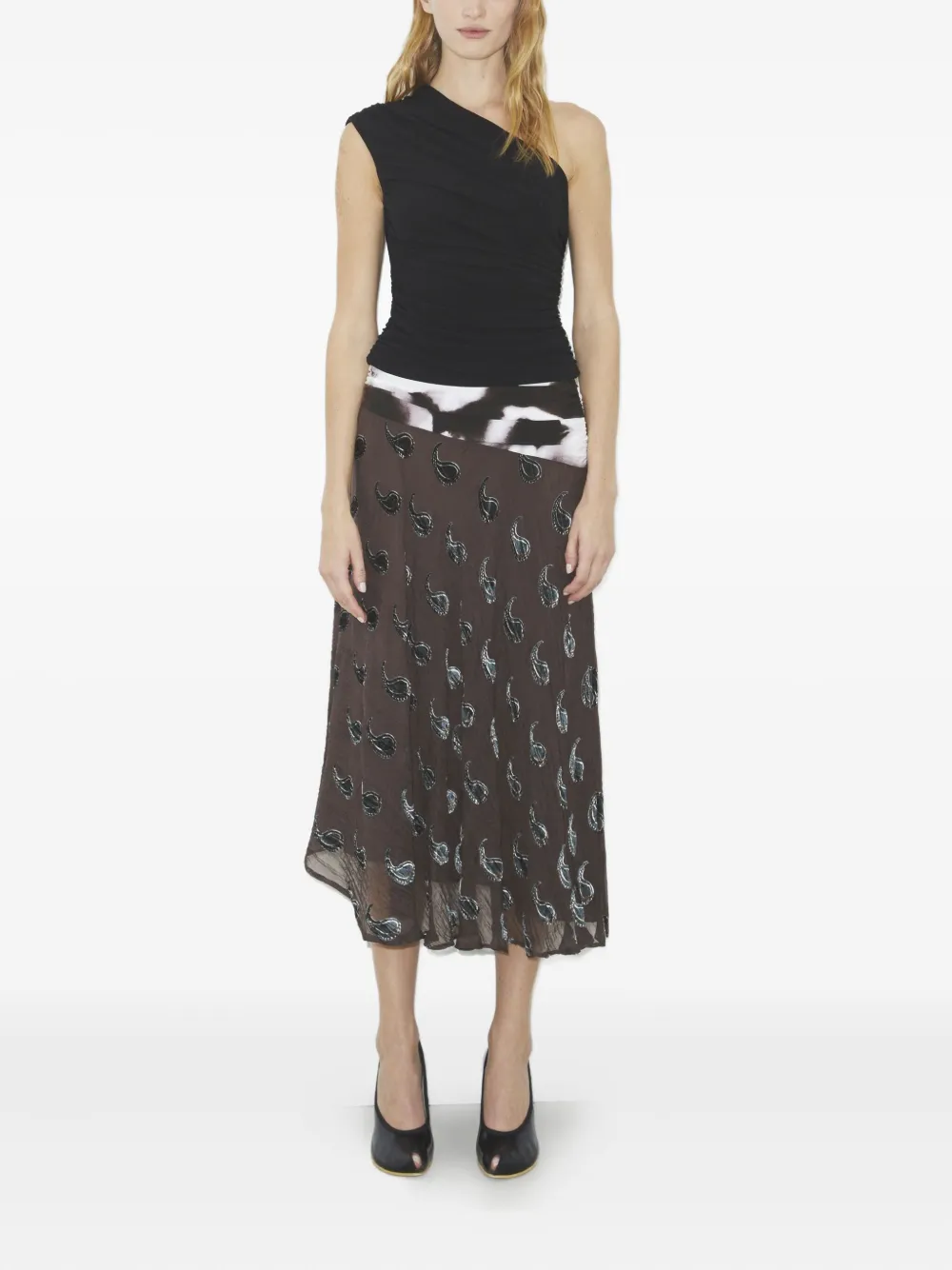 Tory Burch Paisley-pattern Asymmetric Midi Skirt In Brown