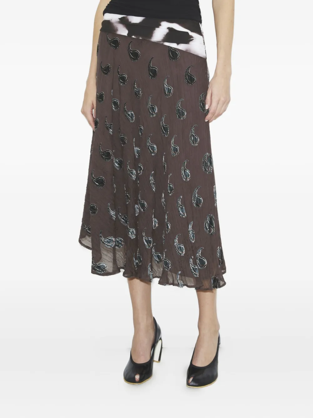 Tory Burch Paisley-pattern Asymmetric Midi Skirt In Brown