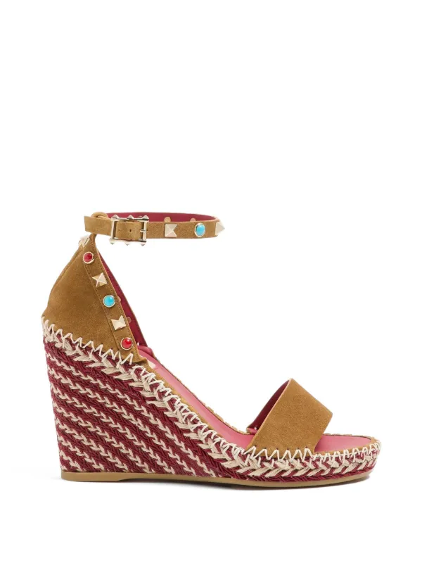Valentino Garavani Rockstud Double Wedge Sandals in Split Leather with Cabochon Stones 105mm in Neutrals