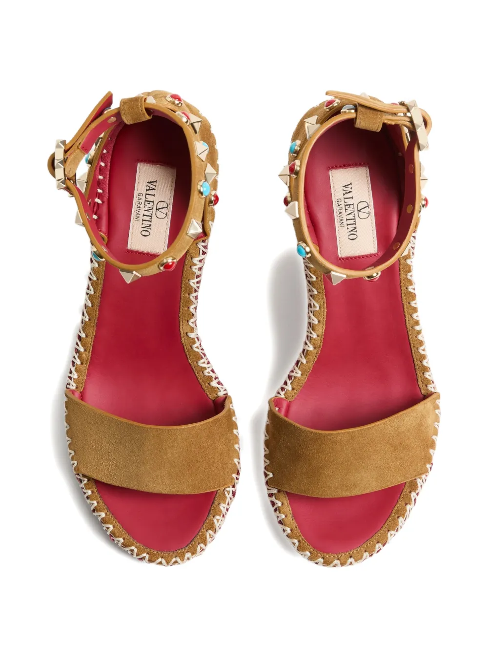 Valentino Garavani Rockstud Double Wedge Sandals in Split Leather with Cabochon Stones 105mm in Neutrals, view 4