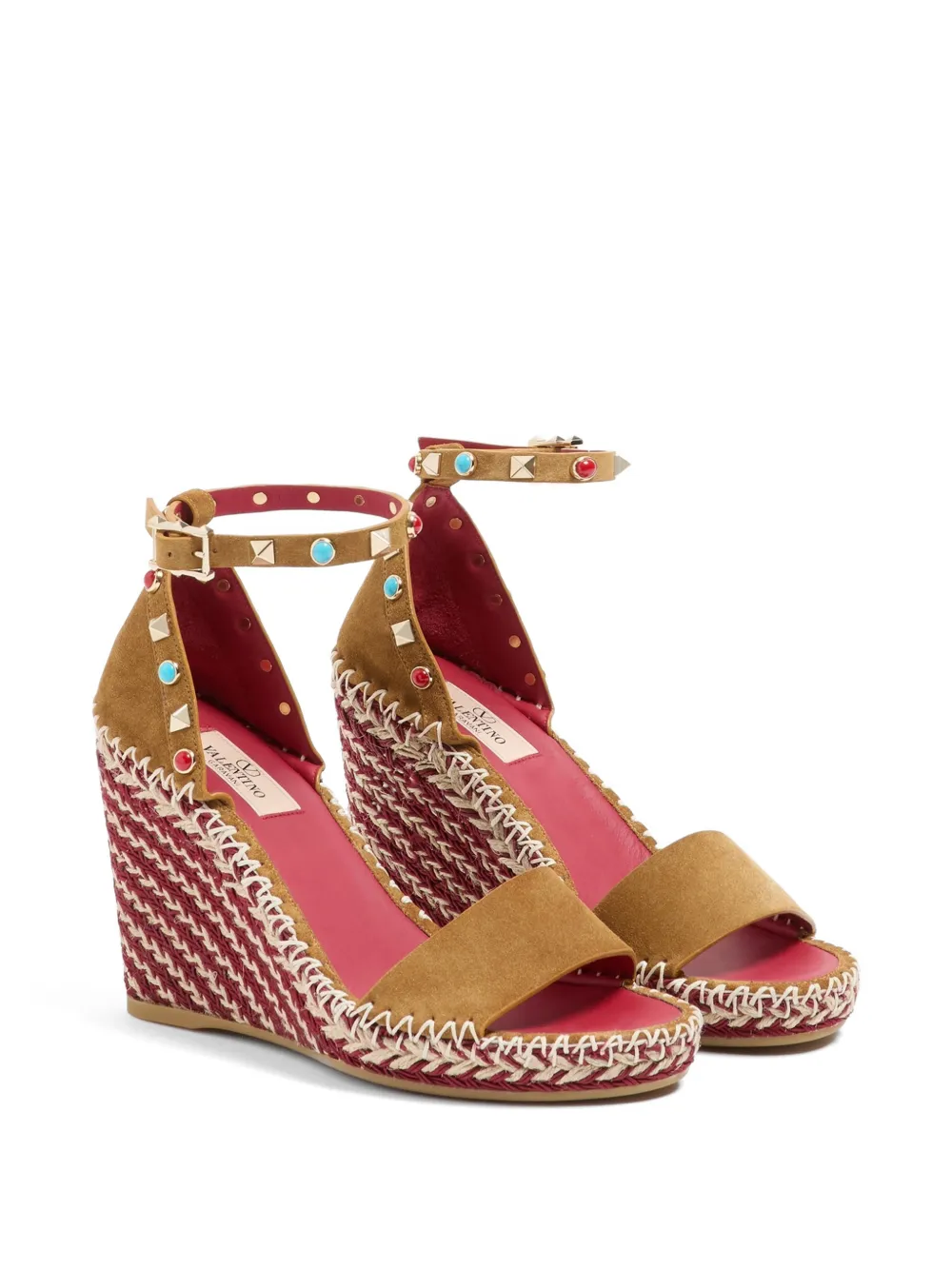  Valentino Garavani Rockstud Double Wedge Sandals In Split Leather With Cabochon Stones 105mm - Neutrals 