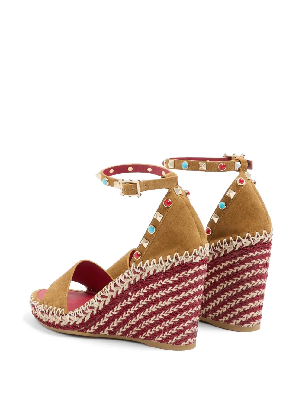  Valentino Garavani Rockstud Double Wedge Sandals In Split Leather With Cabochon Stones 105mm - Neutrals 