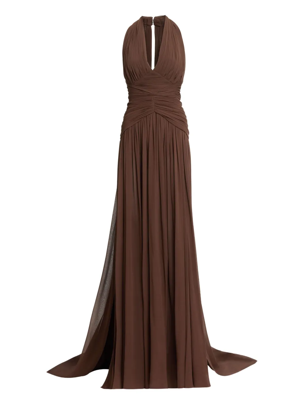 Elie Saab Halterneck Ruched Maxi Dress In Brown