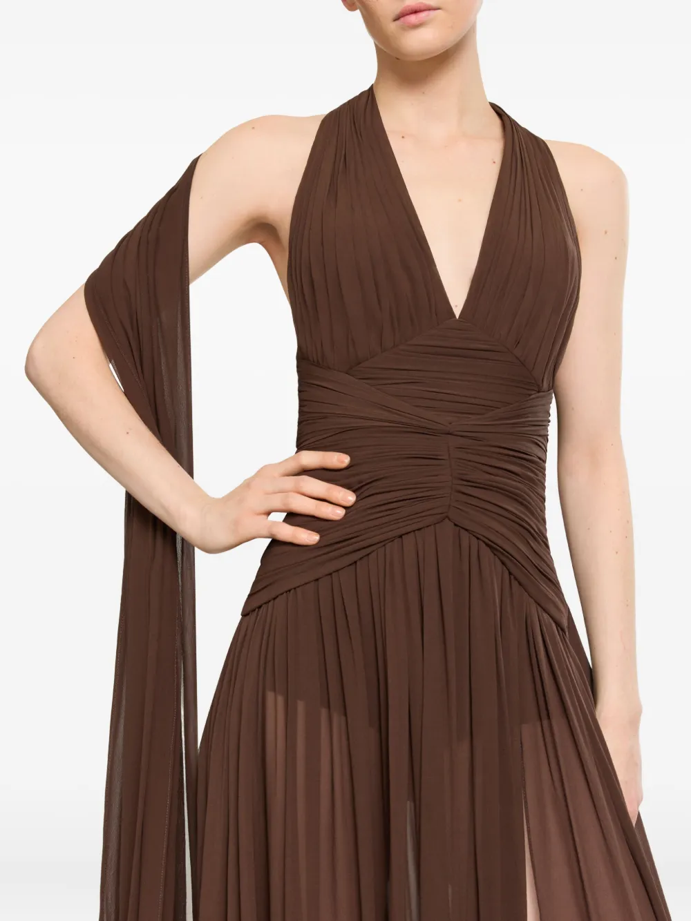 Elie Saab Halterneck Ruched Maxi Dress In Brown
