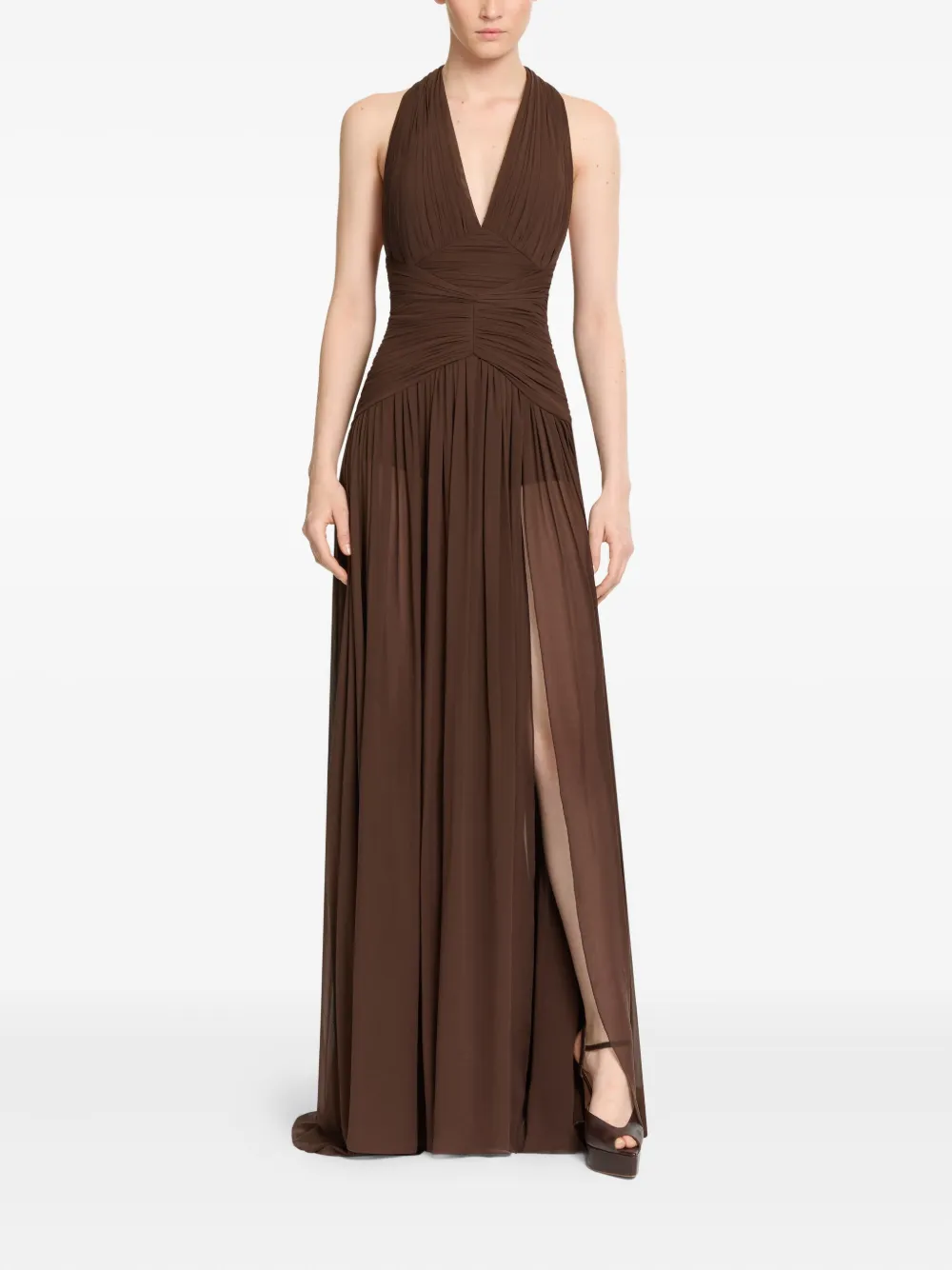 Elie Saab halterneck ruched maxi dress - Bruin