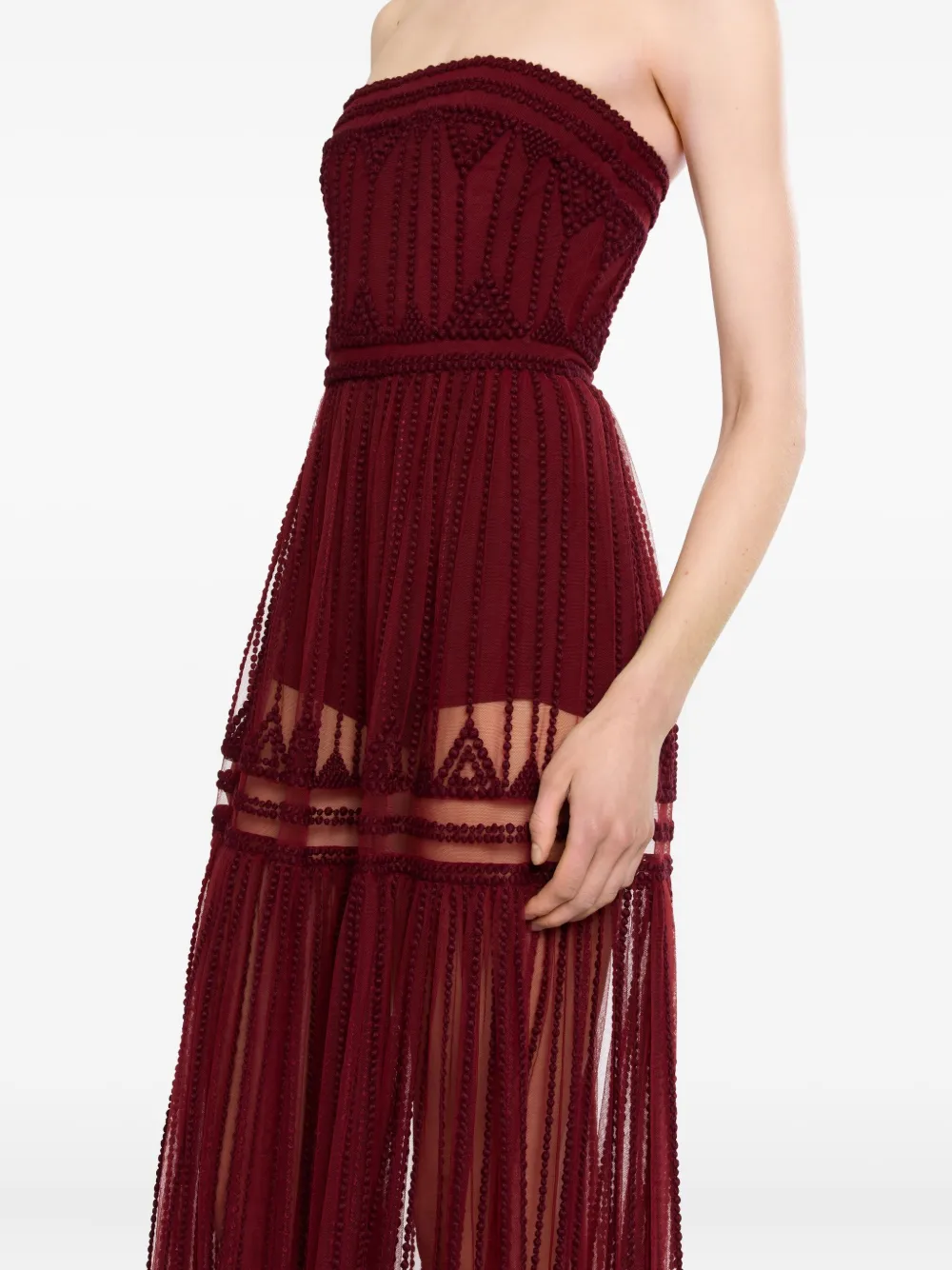 Elie Saab Strapless Embroidered Maxi Dress In Burgundy