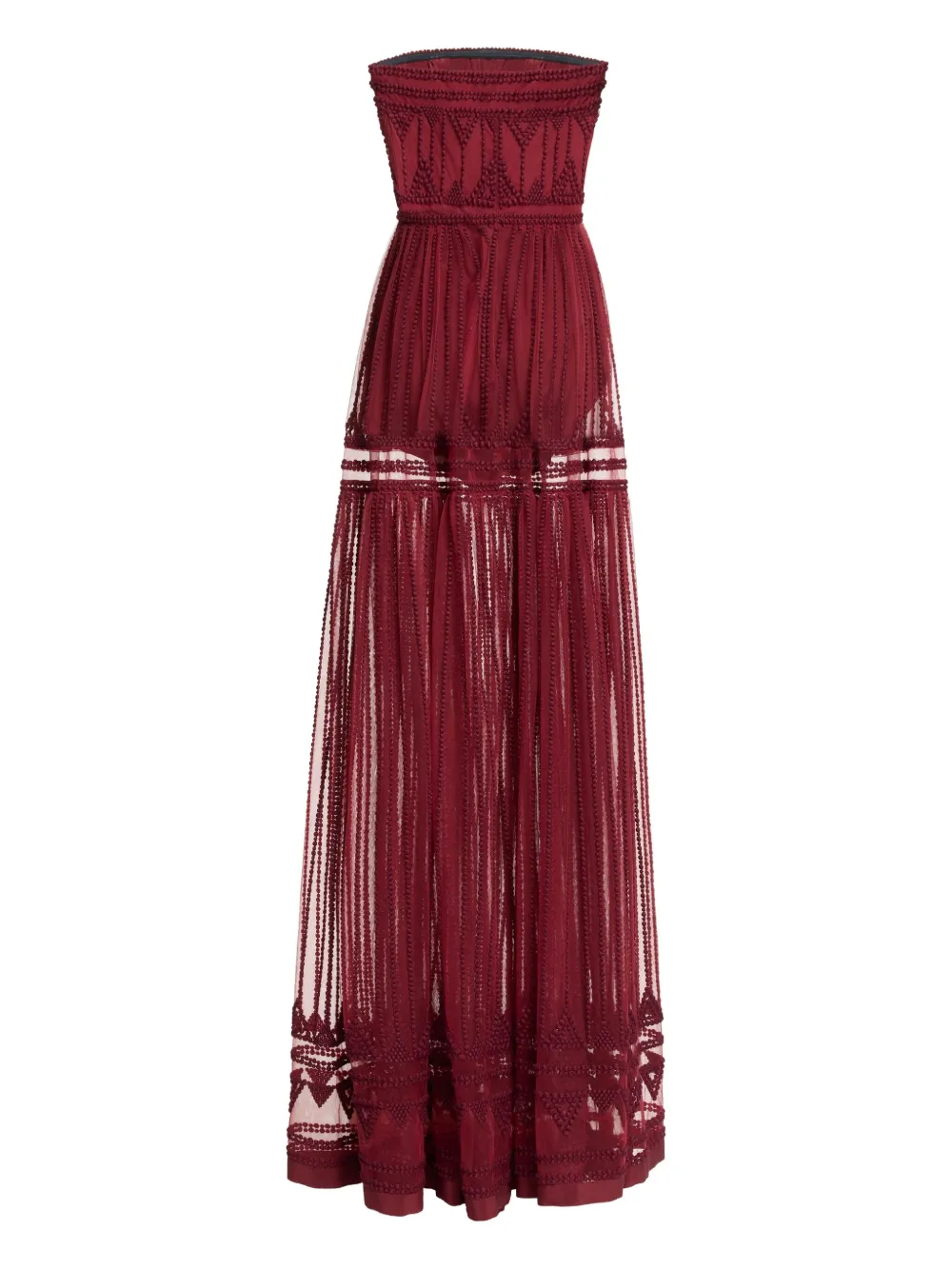 Elie Saab Strapless Embroidered Maxi Dress In Burgundy