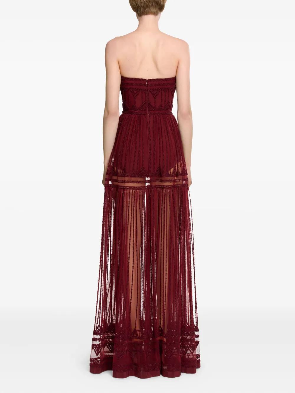 Elie Saab Strapless Embroidered Maxi Dress In Burgundy