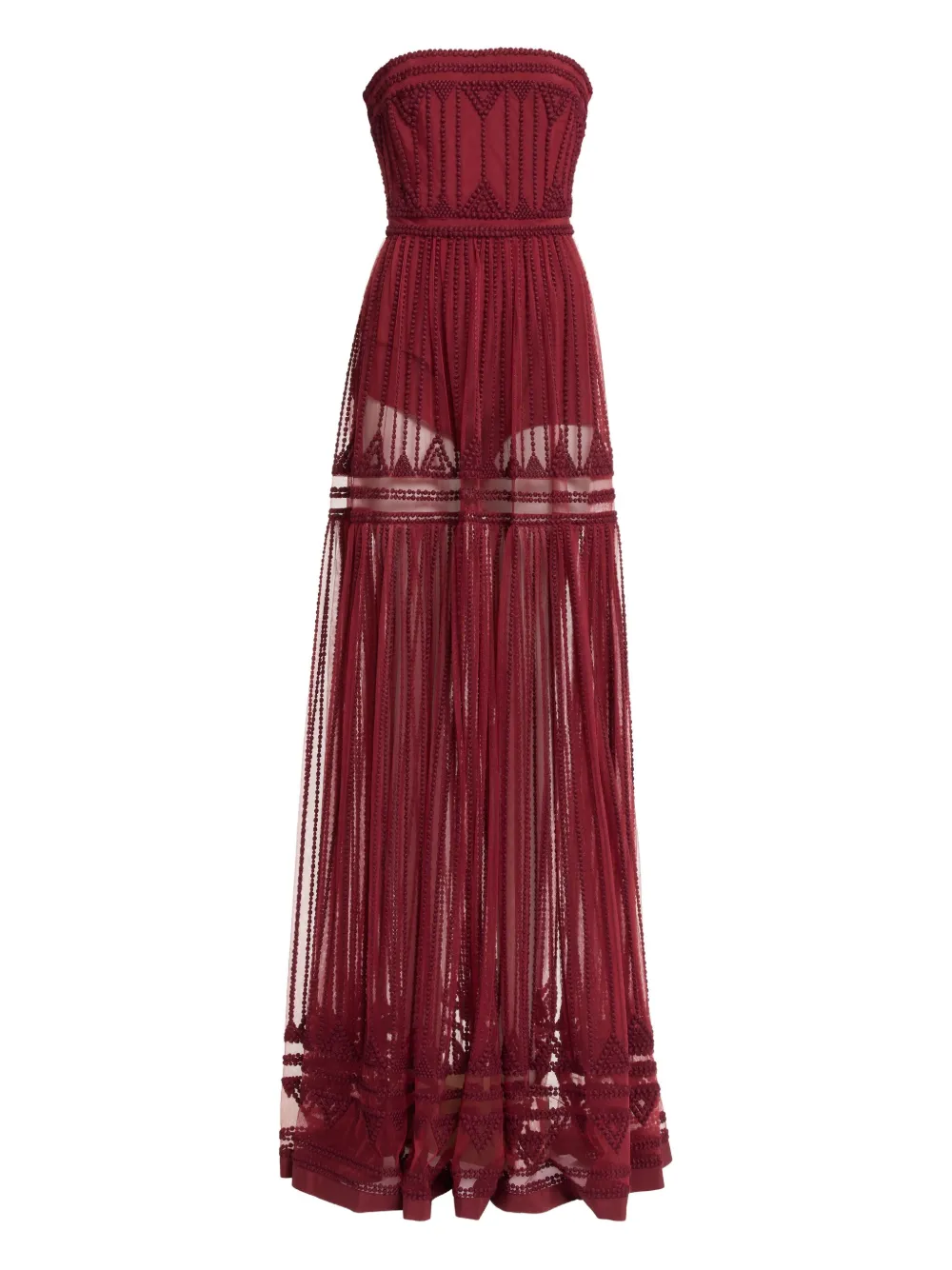 Elie Saab Strapless Embroidered Maxi Dress In Burgundy