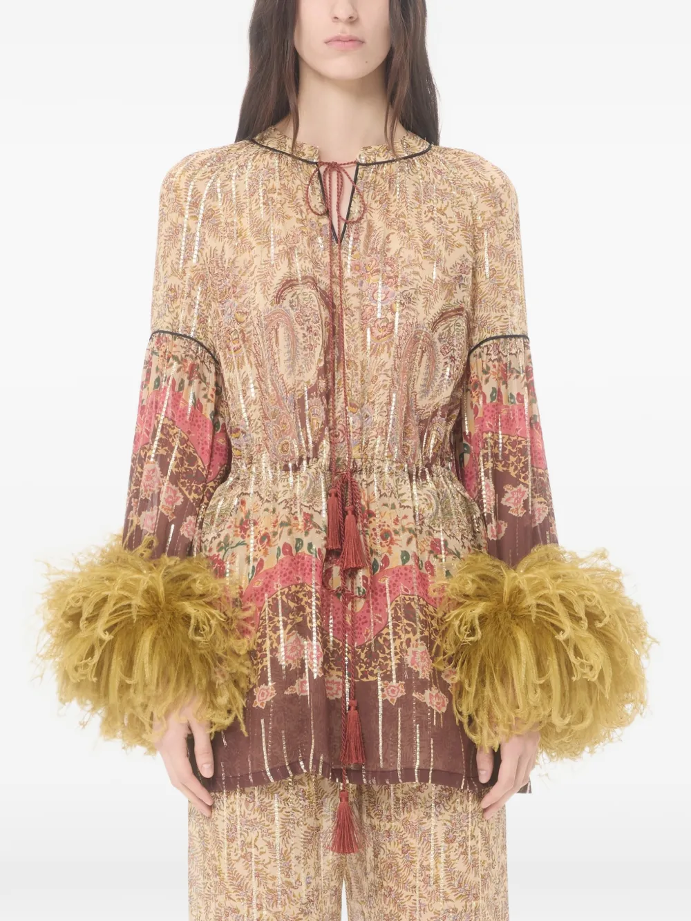 Valentino Garavani Blouse met paisley-print en veren Beige