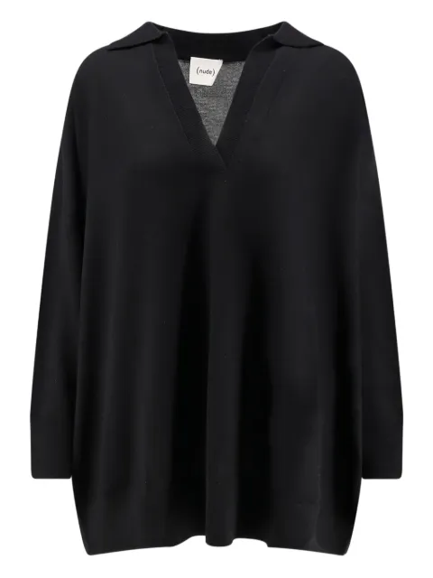 Nude ribbed-collar long-sleeve sweater