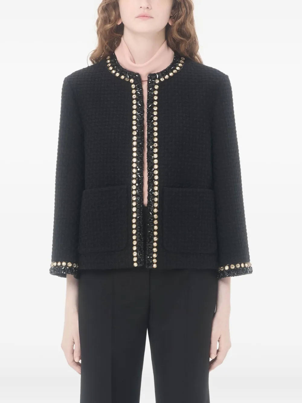 Valentino Embroidered Canestrello Tweed Jacket In Black