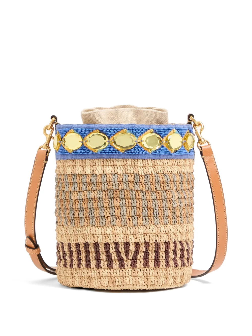 Valentino Garavani Small Raffia Embroidered Bucket Bag In Brown