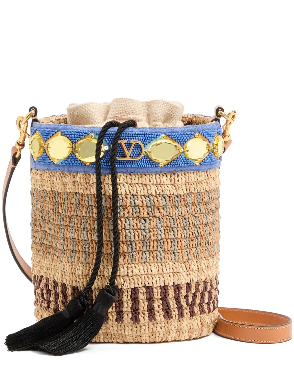 Valentino Garavani Valentino Garavani small raffia embroidered bucket bag - Toni neutri