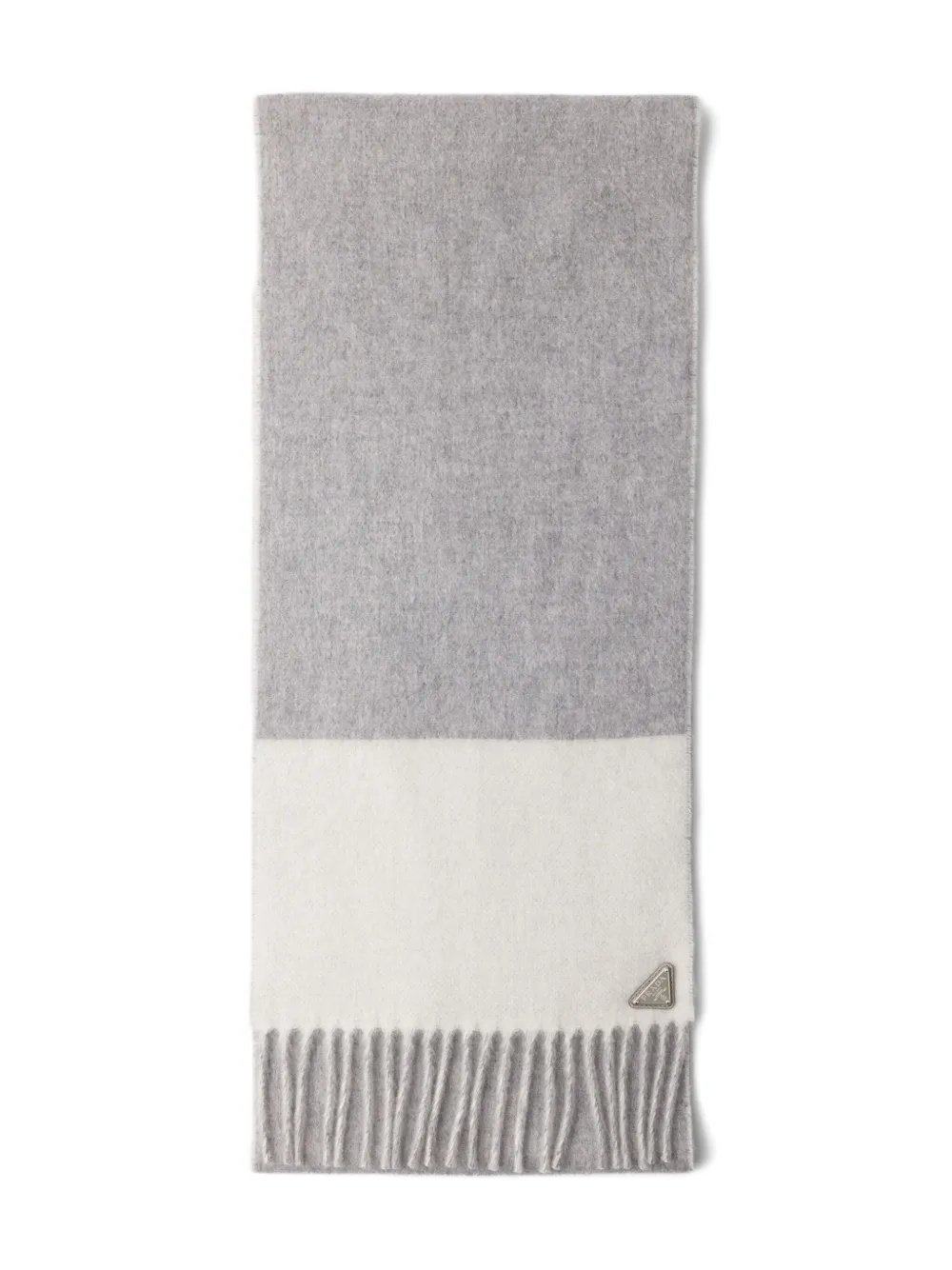 Prada Logo-triangle Fringed Cashmere Scarf In Gray