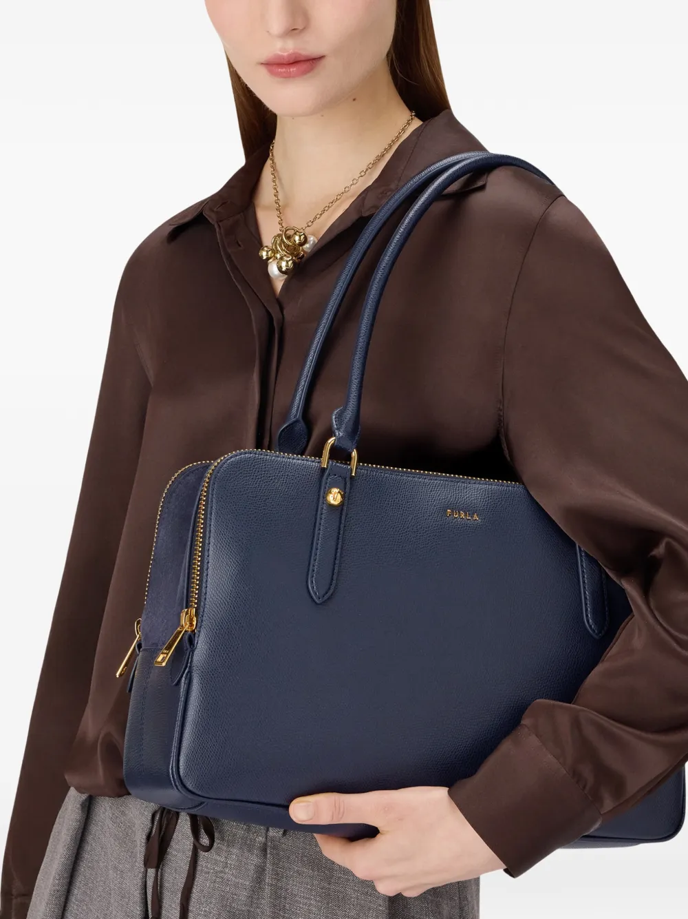 Furla Grote Boston leren shopper met rits Blauw