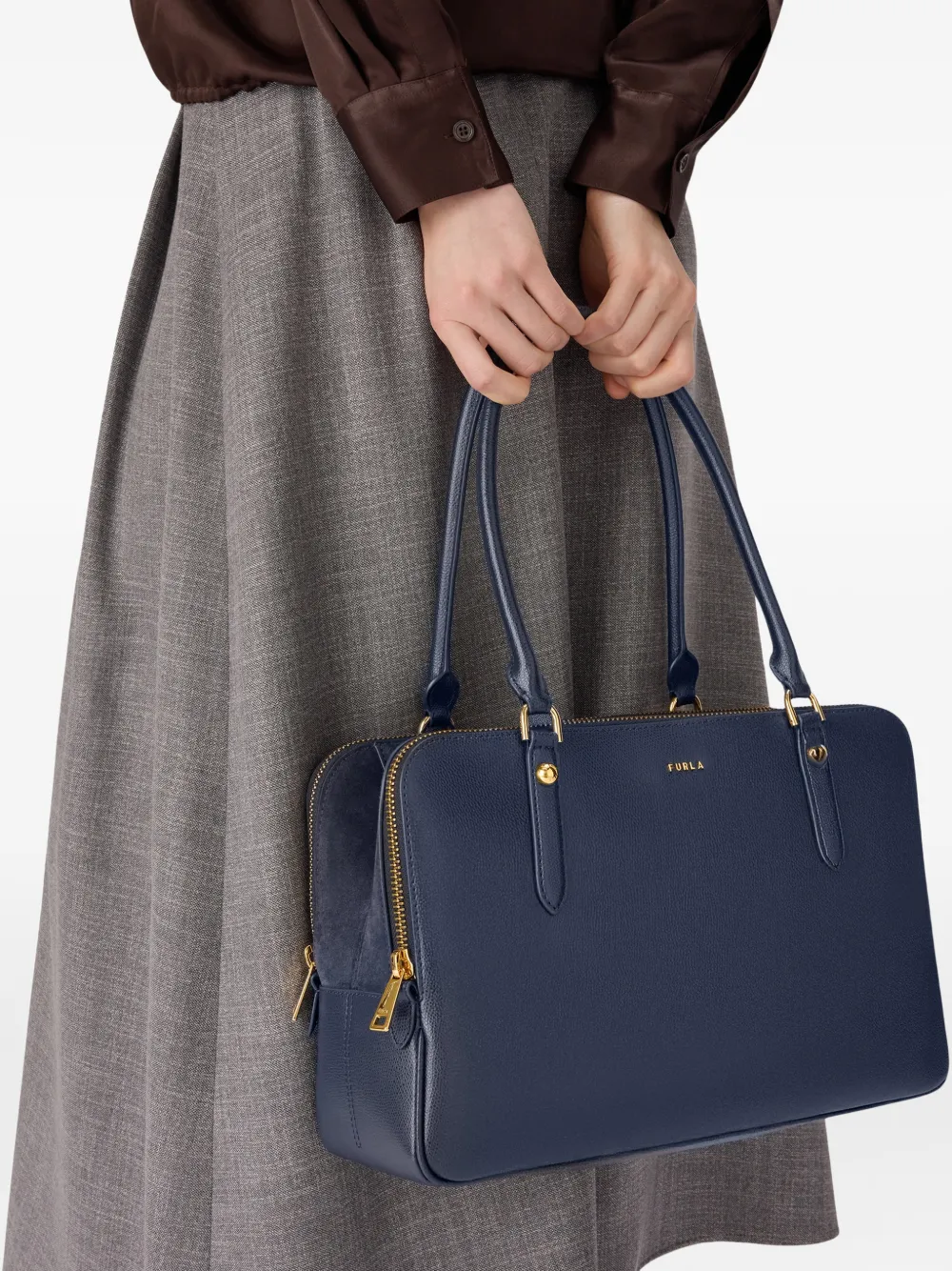 Furla Grote Boston leren shopper met rits Blauw