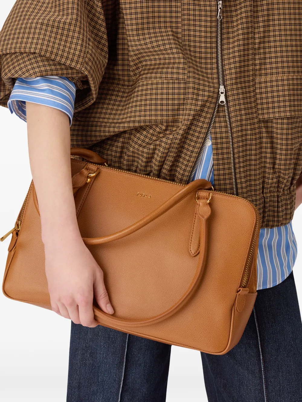 Furla Grote leren shopper met textuur Bruin