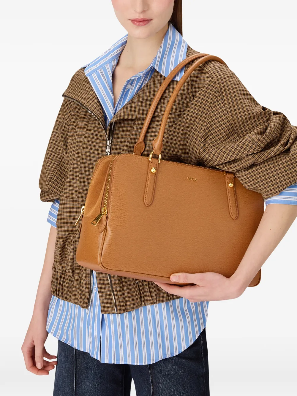 Furla Grote leren shopper met textuur Bruin