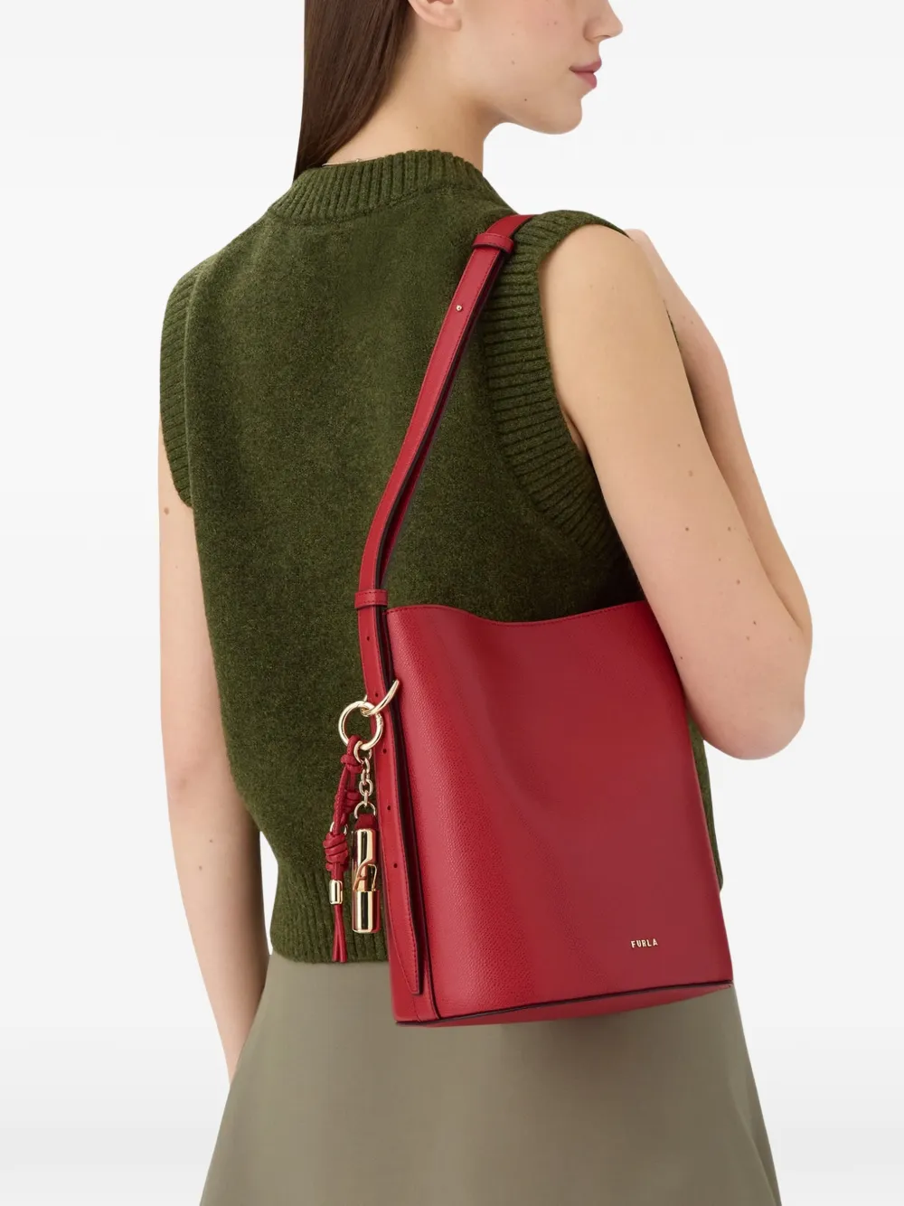 Furla Roxie Charm Printed Leather Bucket Bag In Red