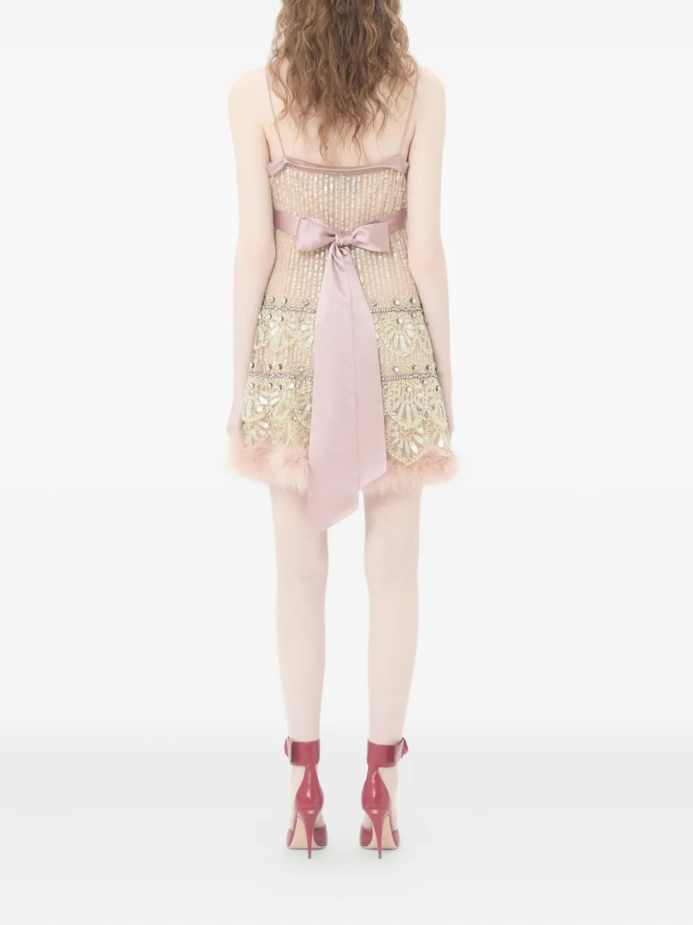 Valentino Garavani Mini-jurk met geborduurde veren afwerking Beige