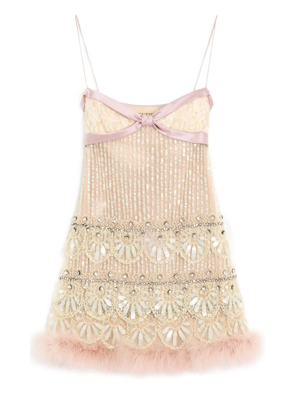 Valentino+Garavani+robe+courte+à+ourlet+orne+de+plumes+-+Tons+neutres